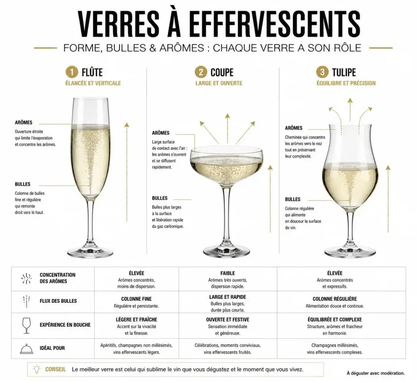Comparatif visuel des formes de verre pour champagne : flûte, coupe et tulipe pour une dégustation optimale