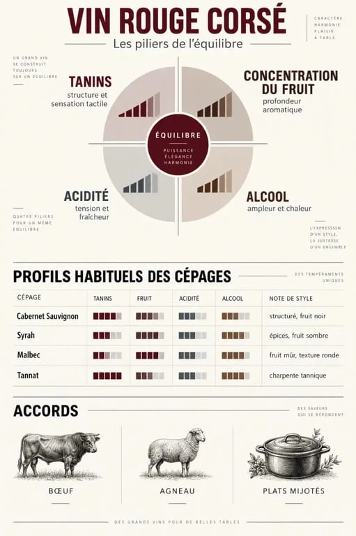 Infographie pédagogique sur l’équilibre d’un vin rouge corsé, ses tanins et ses principaux cépages