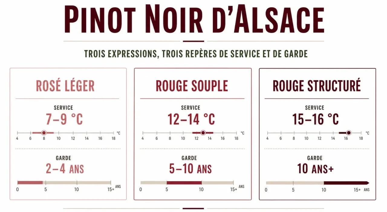 Pinot Noir d’Alsace : visuel éditorial sur les styles, la température de service et la garde