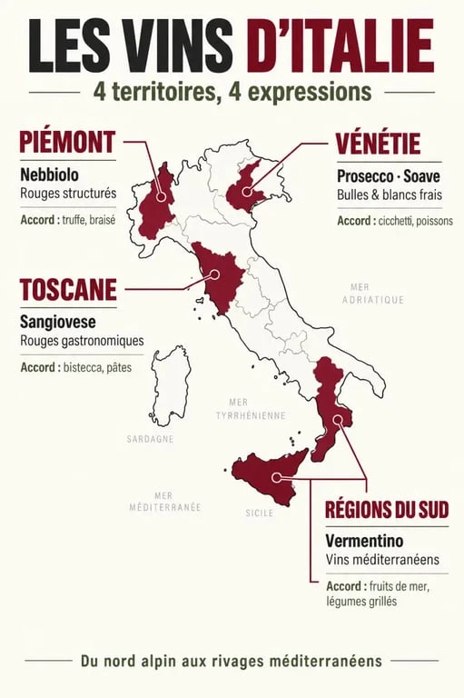 Infographie du vin italien présentant les régions, cépages, styles et accords mets-vins