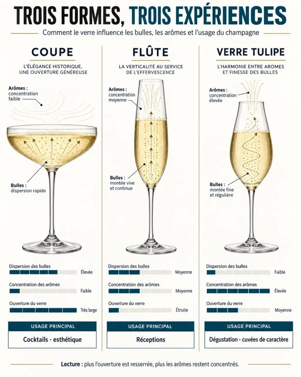 Comparatif des formes de verre a champagne : coupe, flûte et tulipe