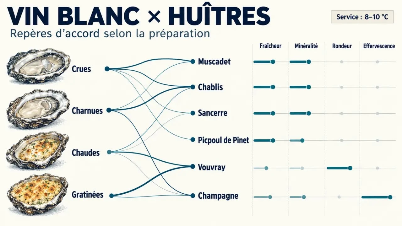 Infographie vin blanc huitre : profils de vins selon la préparation et la texture des huîtres
