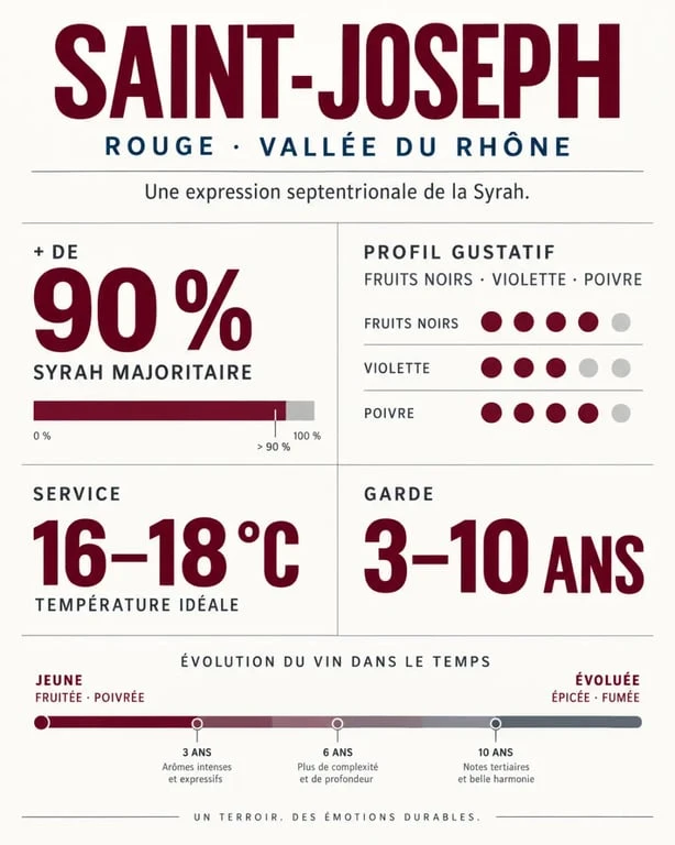 Infographie sur le vin rouge Saint-Joseph, son profil gustatif, sa température de service et son potentiel de garde