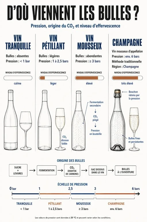 Vin pétillant : comparatif visuel entre vin tranquille, vin pétillant, vin mousseux et champagne