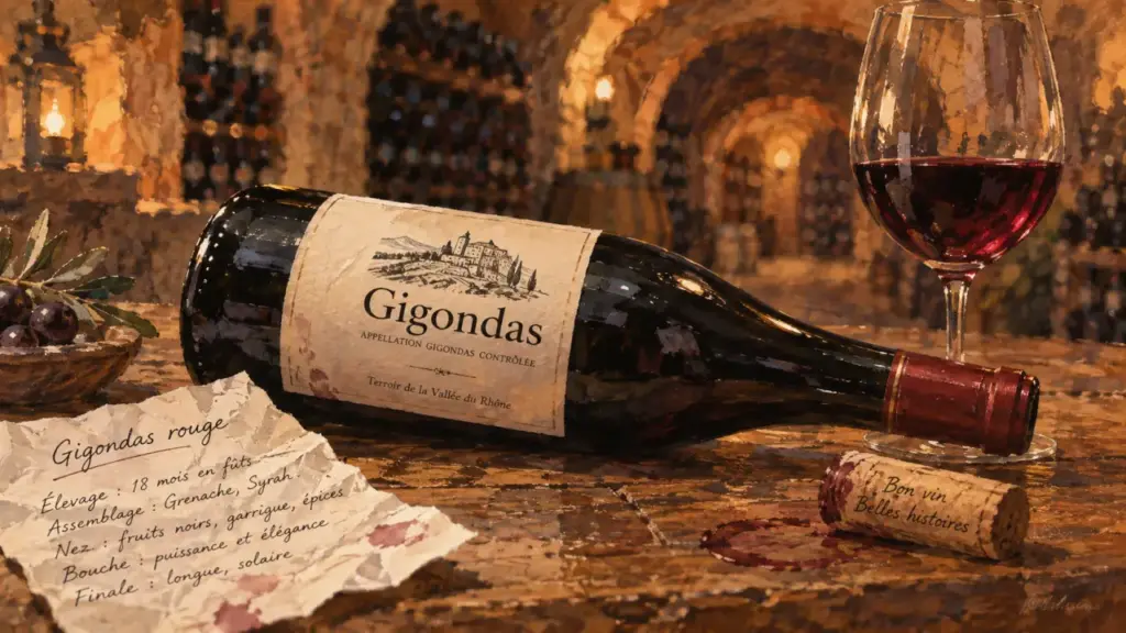 Gigondas vin rouge : bouteille sombre et verre à vin