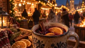 Glühwein fumant en tasse, cannelle et orange sur plateau bois