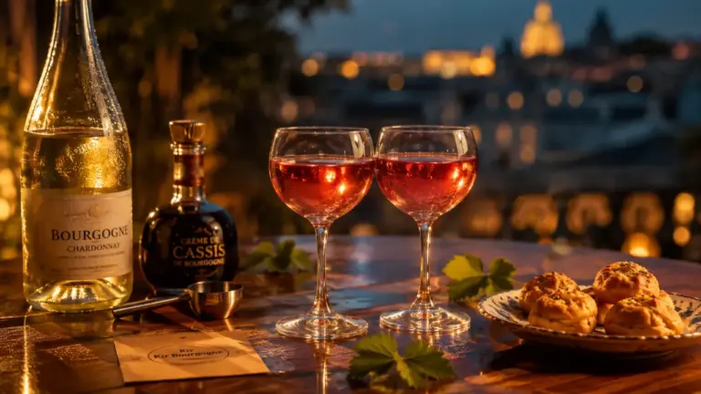 k.i.r bourguignon blanc-cassis : verres de Kir rosé et crème de cassis