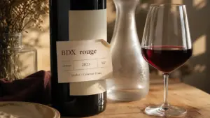 Vin bdx rouge, bouteille Bordeaux 2023 Merlot/Cabernet Franc, verre rempli