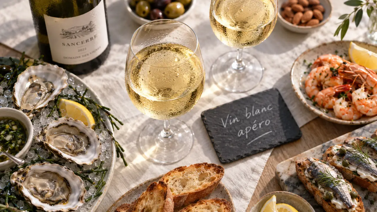 Vin blanc apero pour apéritif, verres et bouchées
