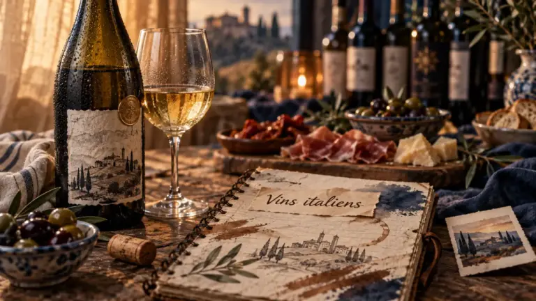 Vin italien : bouteille, verre et carnet d’accords, table en bois