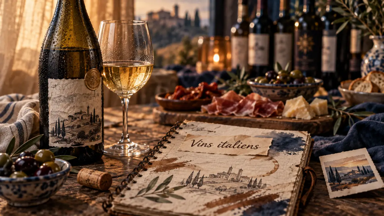 Vin italien : bouteille, verre et carnet d’accords, table en bois