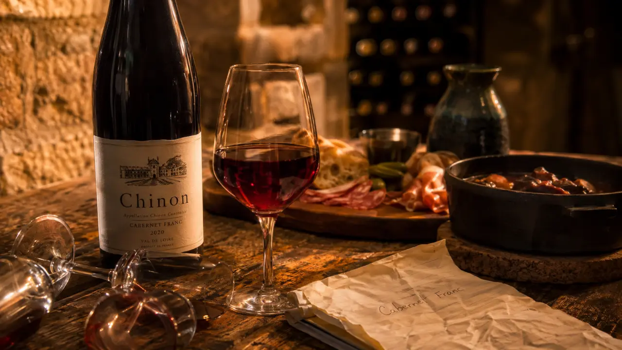Vin rouge chinon Cabernet Franc, service 15-16°C