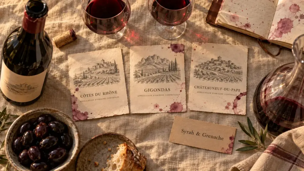 Vin rouge cote du rhone, Syrah & Grenache, étiquettes AOC sur lin beige