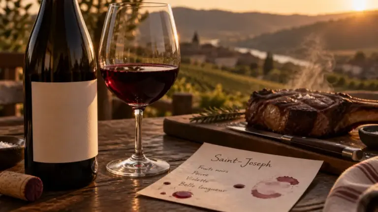 Vin rouge saint joseph : bouteille, verre rubis et notes Saint-Joseph sur une table