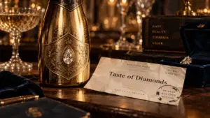 Champagne chere : bouteille de collection, coffret velours et étiquette diamants