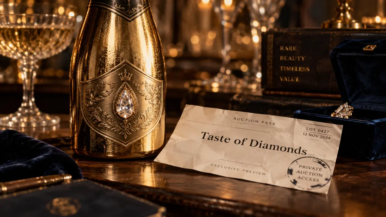 Champagne chere : bouteille de collection, coffret velours et étiquette diamants
