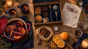Coffret vin chaud avec épices, thermomètre et orange, à vérifier avant d’offrir