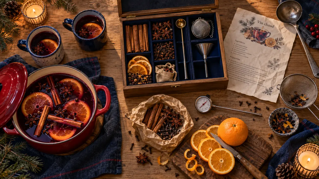 Coffret vin chaud avec épices, thermomètre et orange, à vérifier avant d’offrir