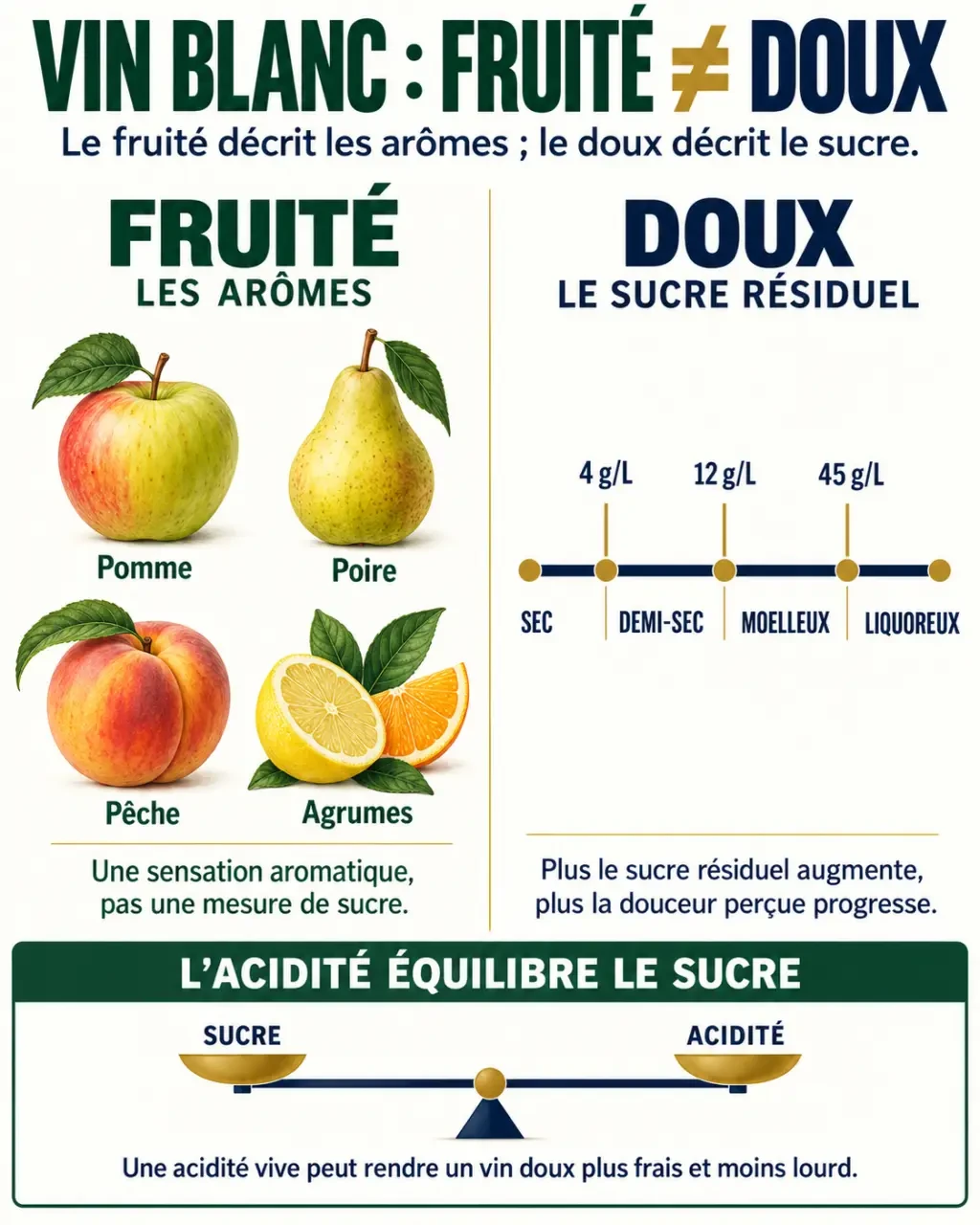 Infographie sur le vin blanc fruité doux, la différence entre fruité et sucré et les niveaux de douceur