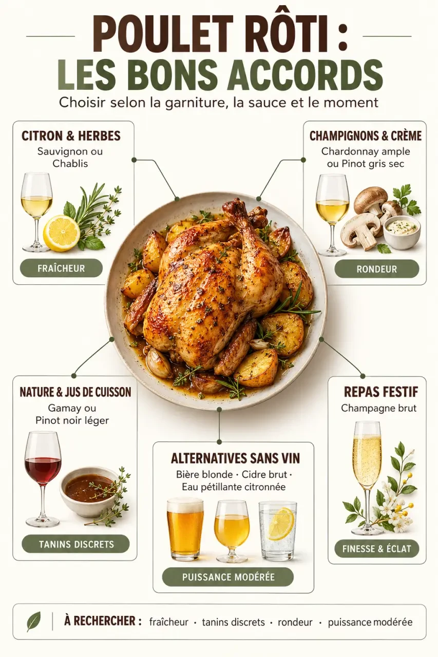 Infographie pour savoir que boire avec un poulet rôti selon la garniture, la sauce et l’assaisonnement