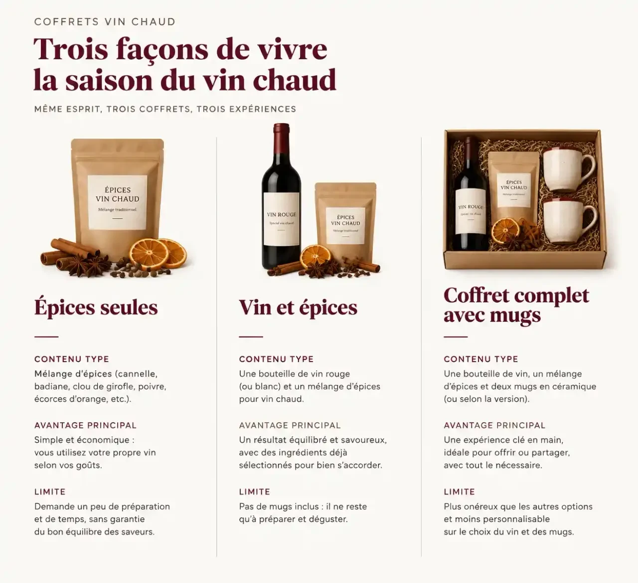 Comparatif des trois types de coffret vin chaud : épices seules, vin et épices, coffret complet avec mugs