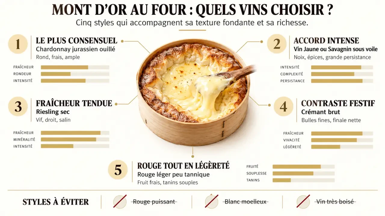 Quel vin avec mont d’Or au four : infographie des accords entre le fromage fondu et les styles de vin