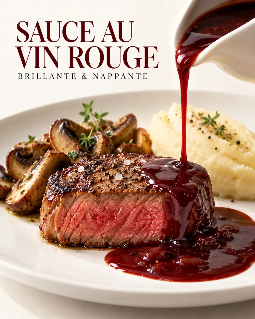 Sauce au vin rouge brillante servie avec un steak, des champignons et une purée
