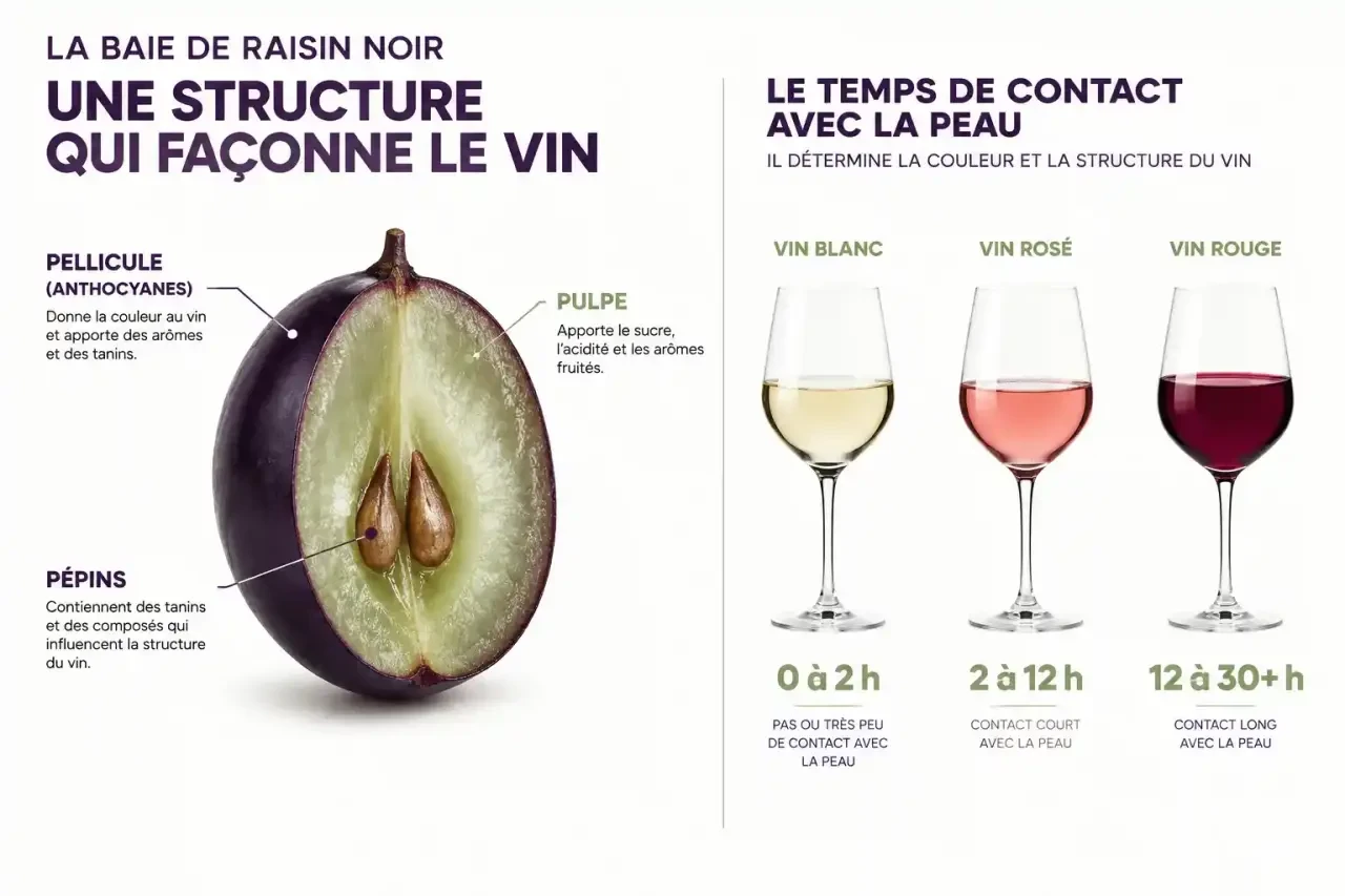 Coupe d'une baie de raisin expliquant la couleur du vin : peau, pulpe et pépins, du raisin au vin blanc, rosé et rouge