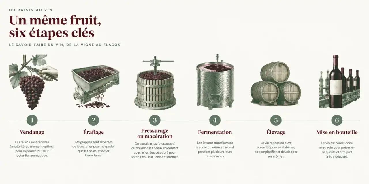 Schéma des étapes pour passer du raisin au vin : vendange, éraflage, fermentation, élevage et mise en bouteille