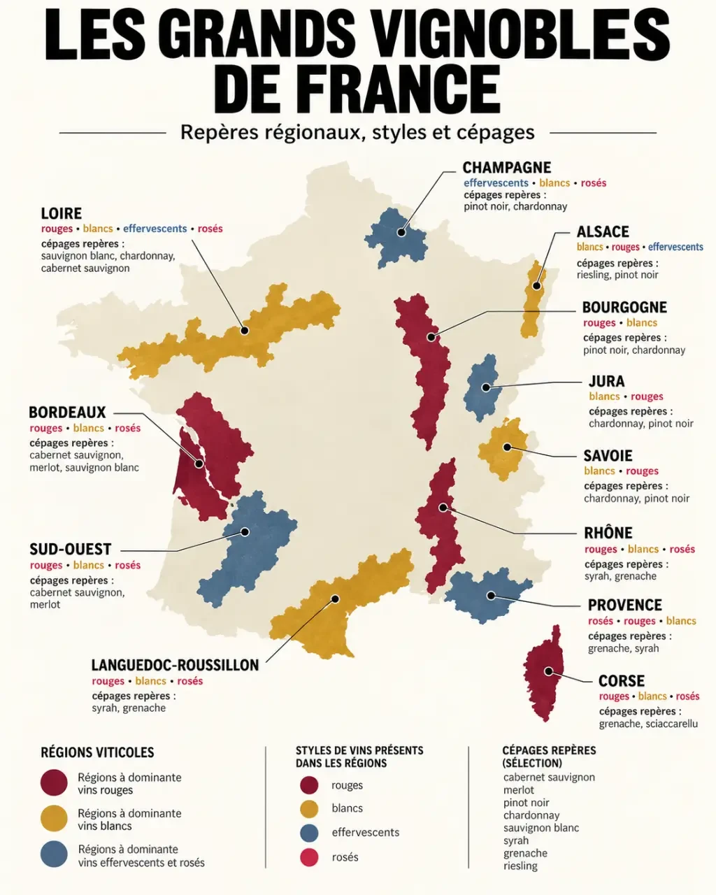 Infographie des principaux vignobles de France et de leurs régions viticoles