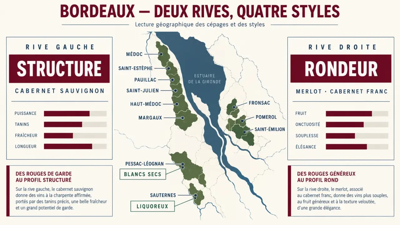 Grande vin de Bordeaux : comparaison visuelle des rives, appellations, cépages et styles bordelais