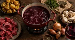 Fondue au vin rouge : caquelon en fonte avec vin rouge