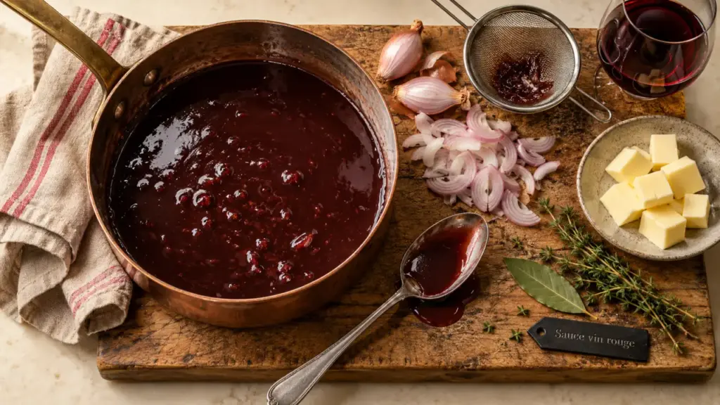 Sauce au vin rouge brillante nappant la cuillère, vin réduit et beurre