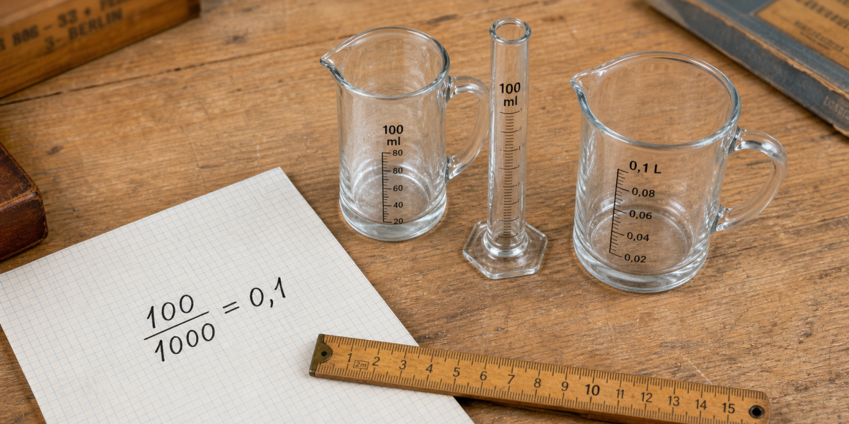 100 ml en litre : 100/1000 = 0,1 L, pichet et doseur