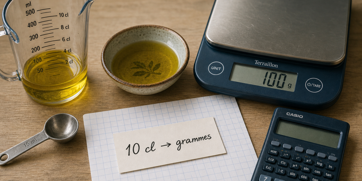 10cl en g : poids variable selon ingrédients (huile, eau)