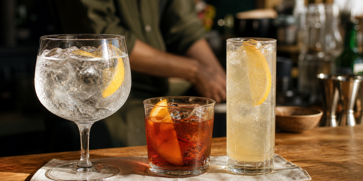 gin cocktails : Gin Tonic, Negroni et Tom Collins, verres avec glaçons et citron