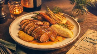 Accompagnement canard à l’orange avec légumes rôtis et sauce