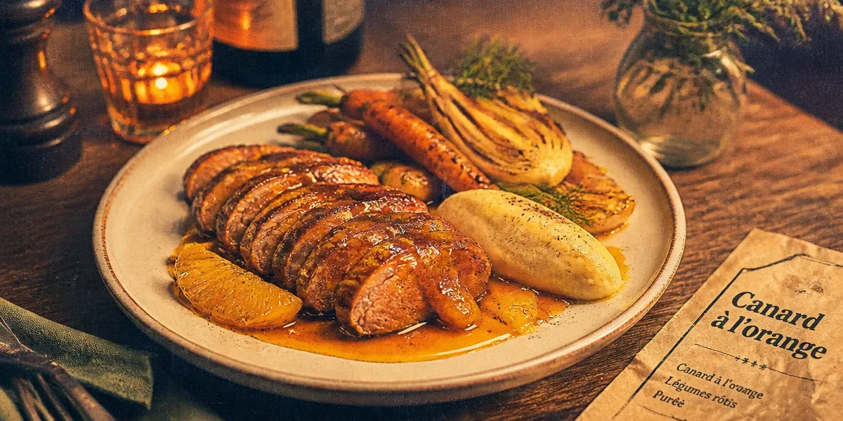 Accompagnement canard à l’orange avec légumes rôtis et sauce