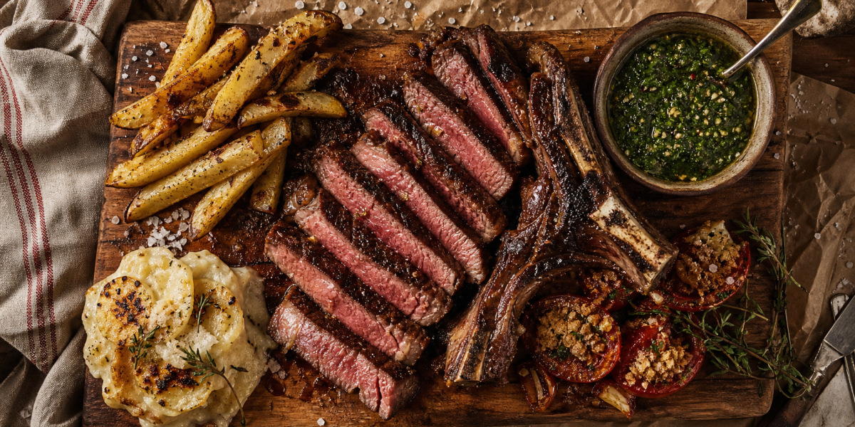 Accompagnement cote de boeuf avec frites maison et garnitures gourmandes