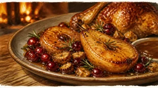 Accompagnement pour chapon farci : poires rôties et marrons laqués près du chapon rôti