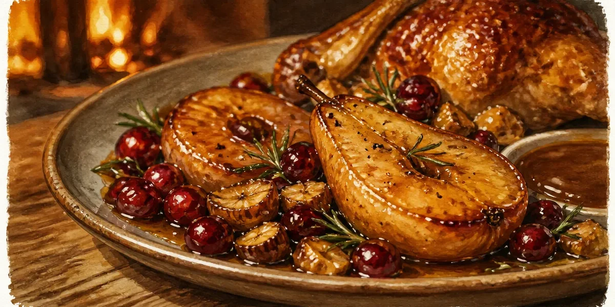 Accompagnement pour chapon farci : poires rôties et marrons laqués près du chapon rôti