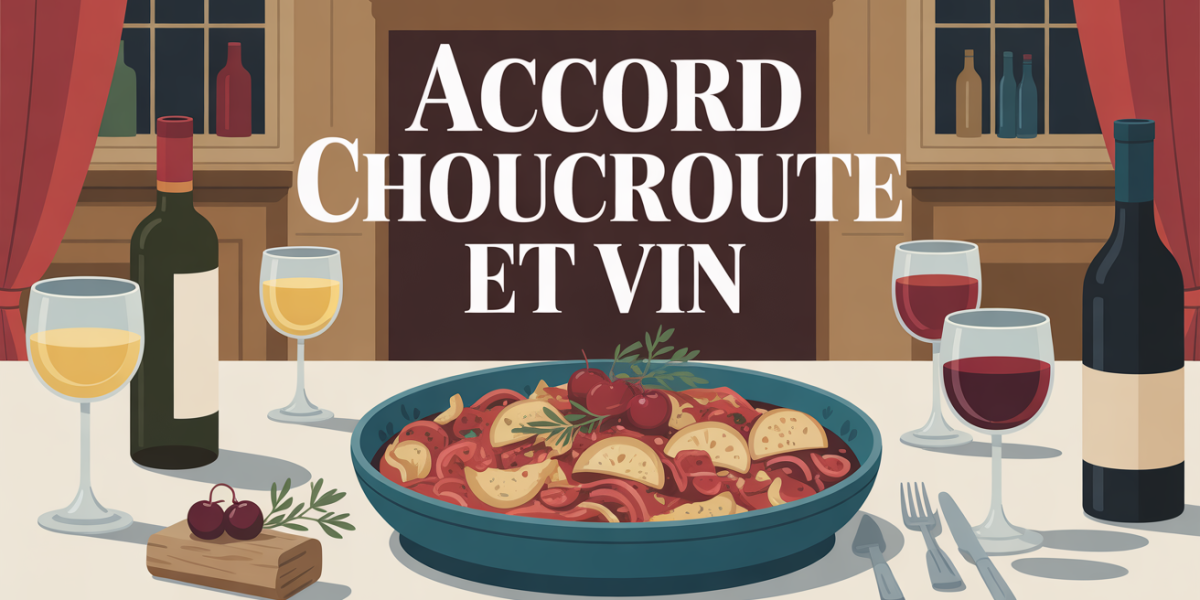 Choucroute garnie avec verres de vin blanc et rouge sur grande table