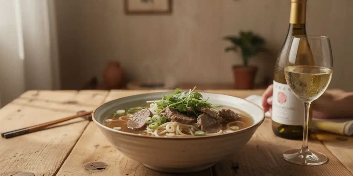Soupe nouilles boeuf et vin blanc en accord