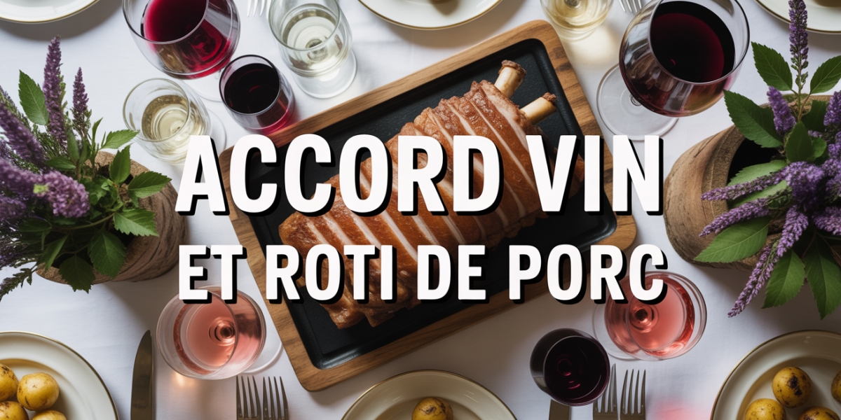 Table avec rôti de porc, vin rouge, blanc et rosé
