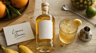 Alcool banane : bouteille de liqueur banane et ingrédients tropicaux
