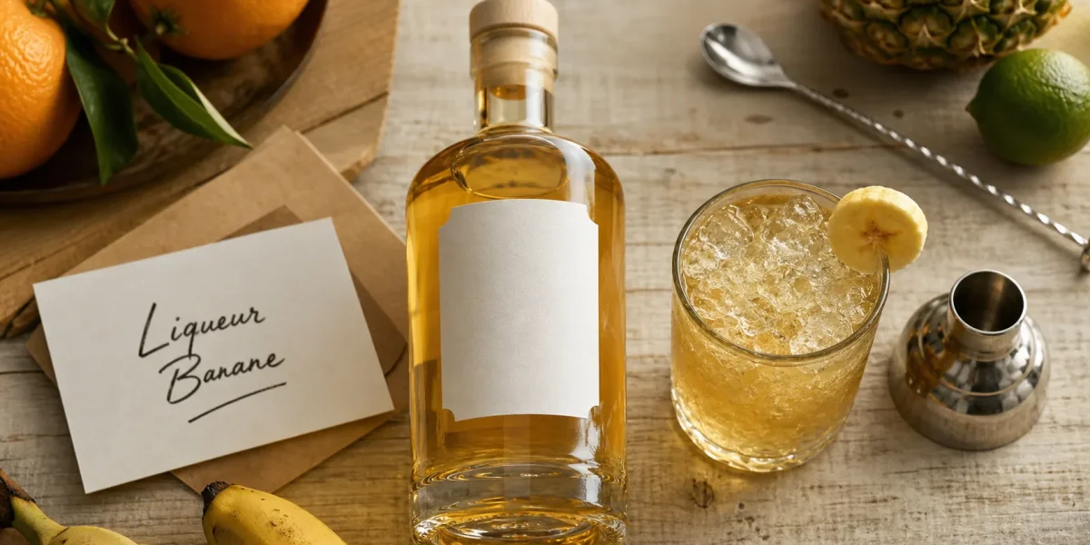 Alcool banane : bouteille de liqueur banane et ingrédients tropicaux