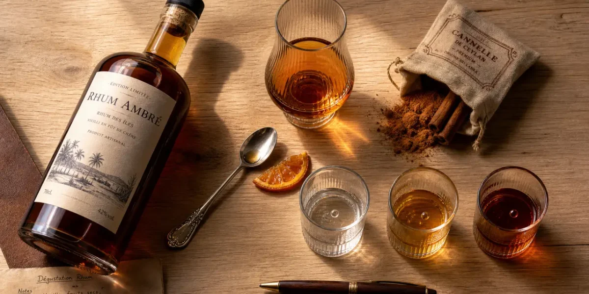 Alcool rhum : échantillons de rhum blanc, ambré et vieux