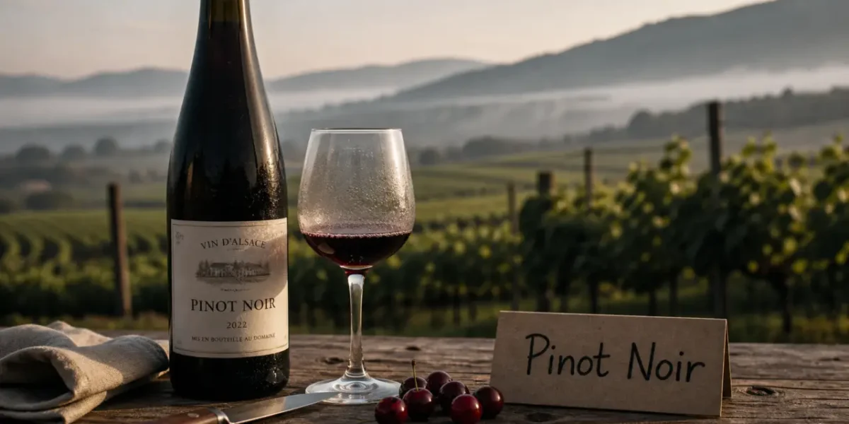 Alsatian pinot noir d’Alsace : verre et bouteille, terroirs vosgiens