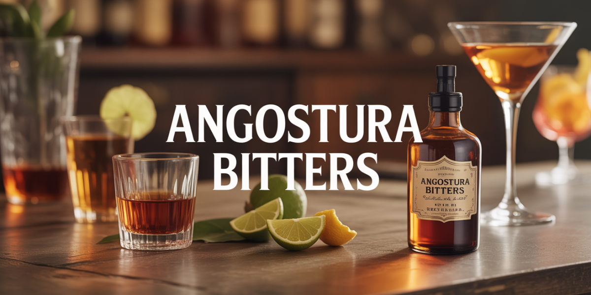 Flacon Angostura Bitters ambre sur comptoir avec verres et agrumes