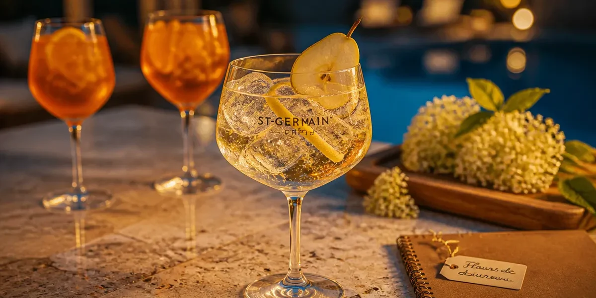 Spritz aperol st germain, fleurs de sureau, zeste et poire, amertume et floralité